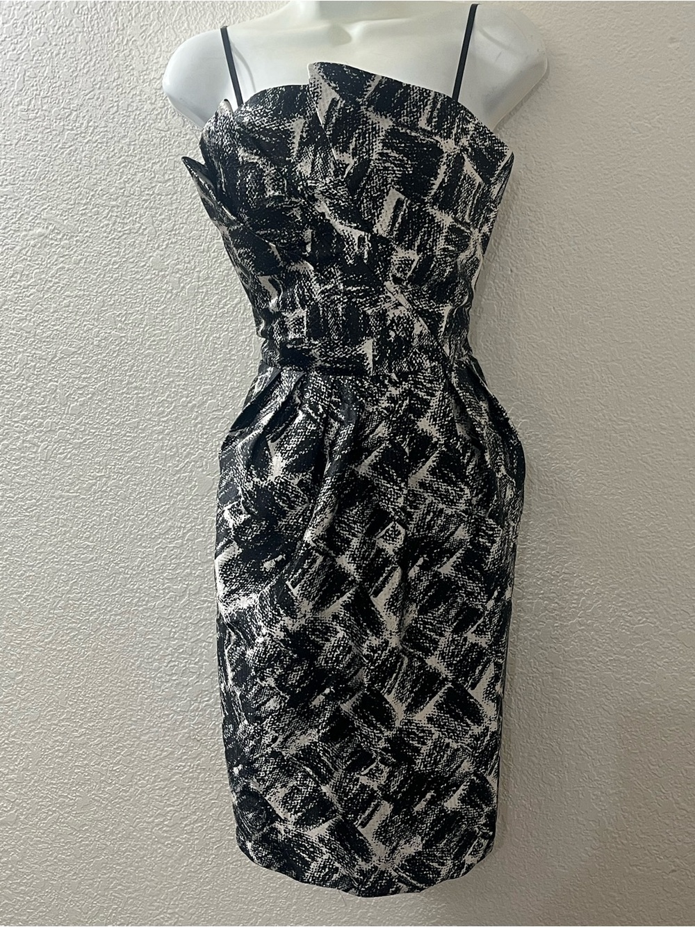 Max & Cleo Strapless Black and White Abstract Cocktail Dress